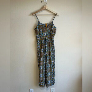Red leaf brown blue print maxi dress L summer beach‎